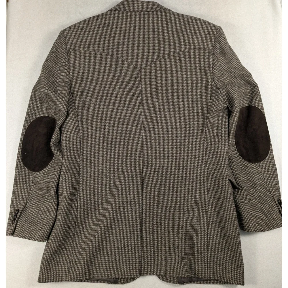 Taos Country Western Collection Mens Wool Blazer Brown Plaid Suede Elbow Patches